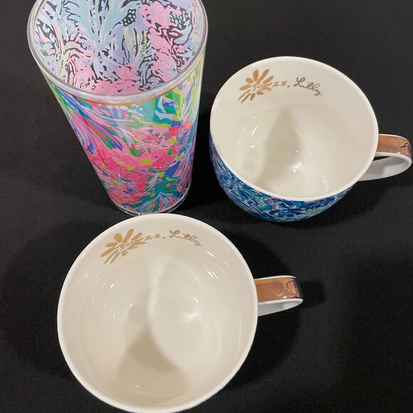 ~ Lilly Pulitzer 2 Blue Floral Hidden Lion Mugs Gold Handles+Pink Floral Tumbler - Picture 11 of 16